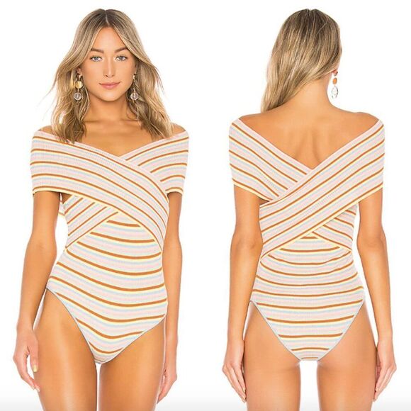 Lovers + Friends pink yellow red retro stripe crossover wrap rib Gina bodysuit - Picture 7 of 7